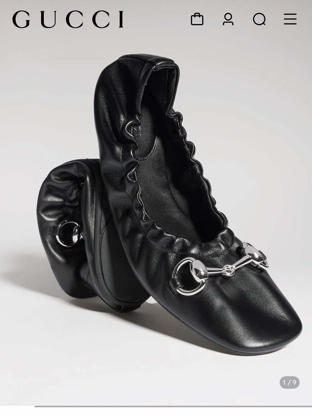 Gucci Black Leather Horsebit Gathered Ballet Flats